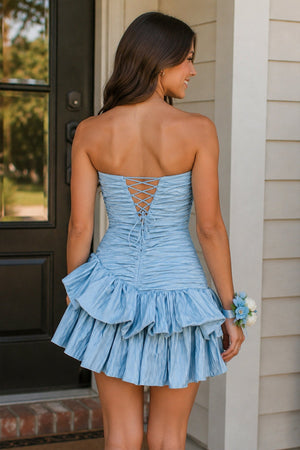 Sky Blue A Line Strapless Pleats Short Homecoming Dress with Bow - SHEISME