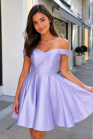 Lavender A-Line Satin Off-Shoulder Homecoming Dress - SHEISME