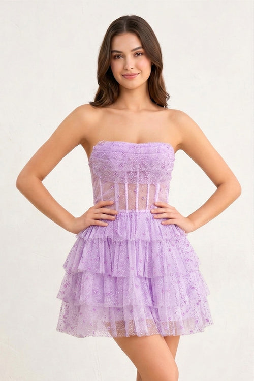 Lilac A-Line Strapless Scoop Tiered Sleeveless Short Homecoming Dress - SHEISME