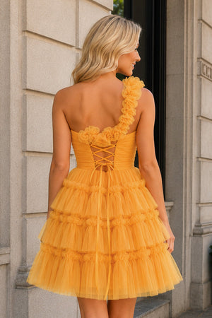 Princess Orange One Shoulder Knotted Ruffle Short Party Dress - SHEISME
