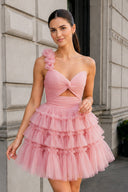 Princess Pink One Shoulder Knotted Ruffle Short Party Dress - SHEISME