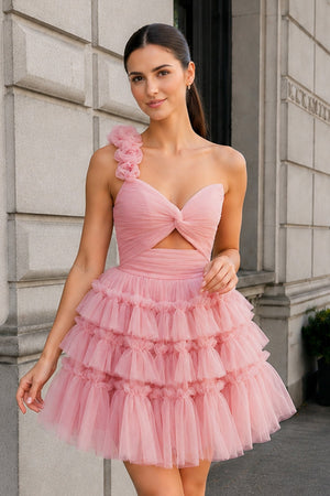 Princess Pink One Shoulder Knotted Ruffle Short Party Dress - SHEISME
