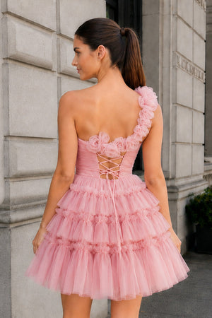 Princess Pink One Shoulder Knotted Ruffle Short Party Dress - SHEISME