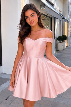 Pink A-Line Satin Off-Shoulder Homecoming Dress - SHEISME