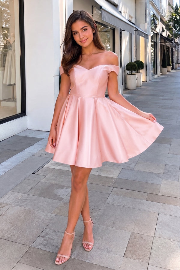 Pink A-Line Satin Off-Shoulder Homecoming Dress - SHEISME
