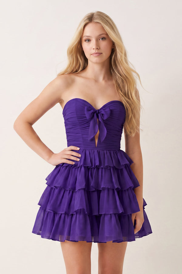 Purple Strapless A Line Chiffon Ruffled Cocktail Dresses With Bow | SHEISME
