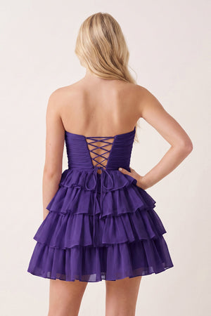 Purple Strapless A Line Chiffon Ruffled Cocktail Dresses With Bow | SHEISME