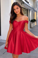 Red A-Line Satin Off-Shoulder Homecoming Dress - SHEISME