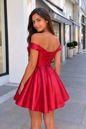 Red A-Line Satin Off-Shoulder Homecoming Dress - SHEISME
