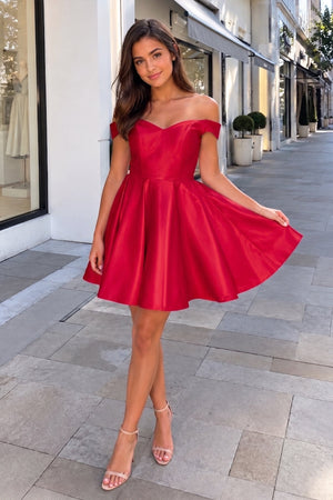 Red A-Line Satin Off-Shoulder Homecoming Dress - SHEISME