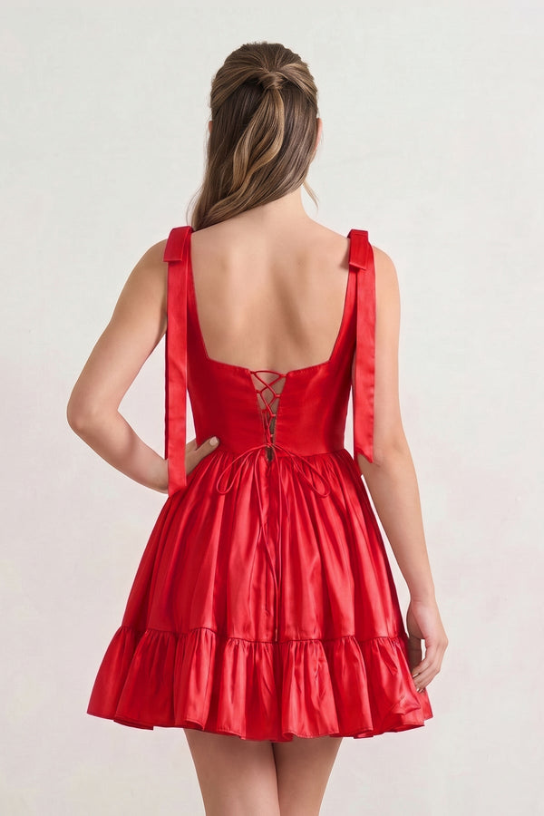 Sabrina | A-line Sweetheart Red Ruffled Taffeta Homecoming Dress With Bow Straps