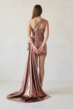 Rose Gold Metallic One-Shoulder Ruched Homecoming Dress - SHEISME