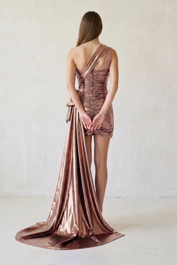 Rose Gold Metallic One-Shoulder Ruched Homecoming Dress - SHEISME