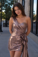 Rose Gold Metallic One-Shoulder Ruched Homecoming Dress - SHEISME