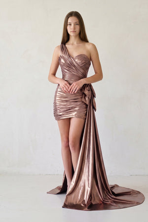 Rose Gold Metallic One-Shoulder Ruched Homecoming Dress - SHEISME