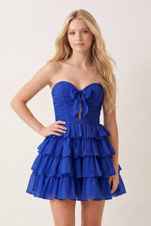 Royal Blue Strapless A Line Chiffon Ruffled Cocktail Dresses With Bow | SHEISME