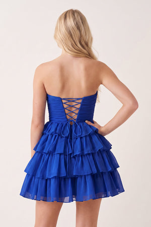 Royal Blue Strapless A Line Chiffon Ruffled Cocktail Dresses With Bow | SHEISME