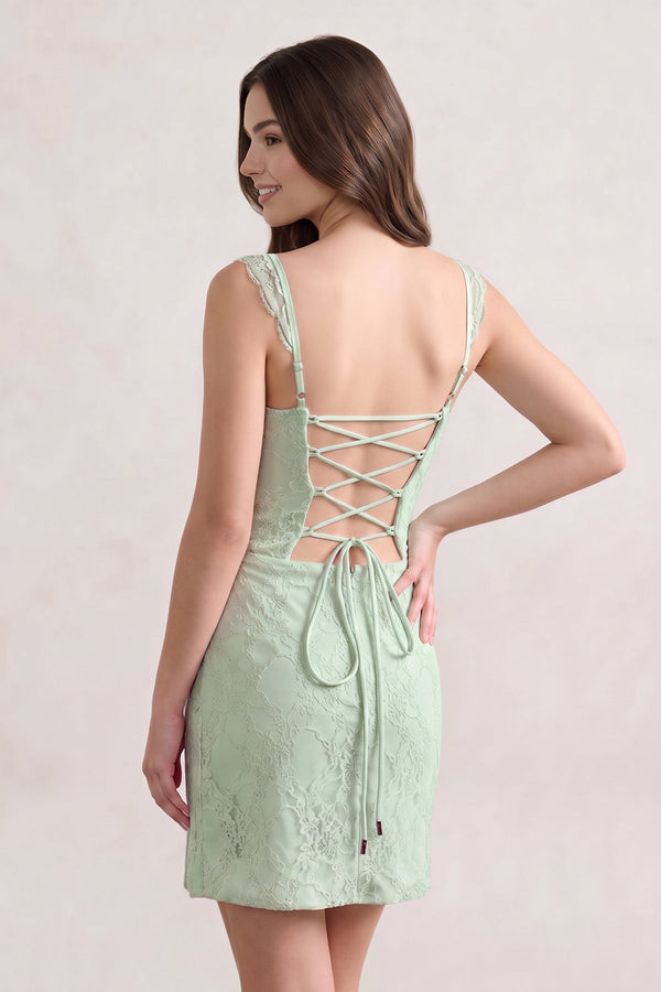 Sage Green Spaghetti Straps Sheath Lace Short Homecoming Dress With Slit - SHEISME