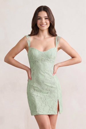 Sage Green Spaghetti Straps Sheath Lace Short Homecoming Dress With Slit - SHEISME