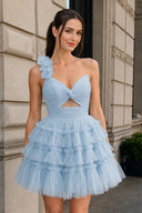 Princess Sky Blue One Shoulder Knotted Ruffle Short Party Dress - SHEISME