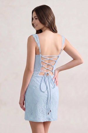 Sky Blue Spaghetti Straps Sheath Lace Short Homecoming Dress With Slit - SHEISME