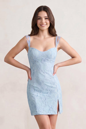 Sky Blue Spaghetti Straps Sheath Lace Short Homecoming Dress With Slit - SHEISME