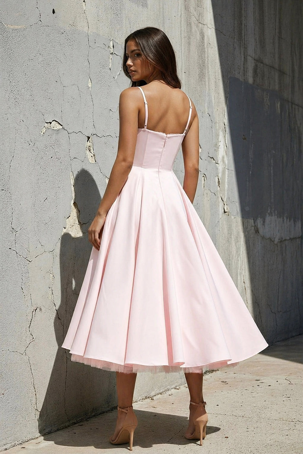 Spaghetti Straps Midi Dress With Lace-Trim in Blush