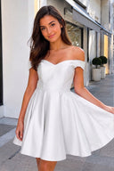 White A-Line Satin Off-Shoulder Homecoming Dress - SHEISME