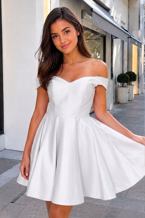 White A-Line Satin Off-Shoulder Homecoming Dress - SHEISME