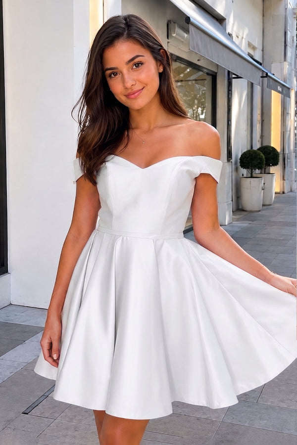 White A-Line Satin Off-Shoulder Homecoming Dress - SHEISME