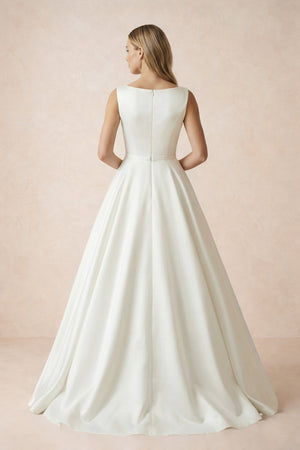 A Line Bateau Neck Satin Wedding Dress in Ivory - SHE IS ME Wedding Dresses