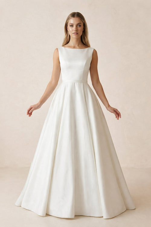 A Line Bateau Neck Satin Wedding Dress in Ivory - SHE IS ME Wedding Dresses