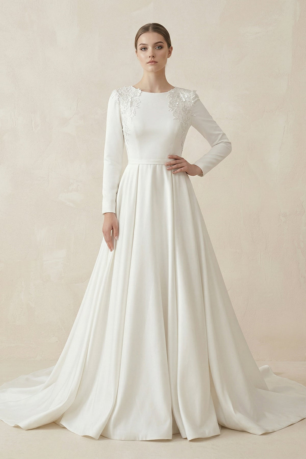 A - Line Boat Neck Satin Long Sleeves Wedding Dress in White - SHE IS ME Wedding Dresses