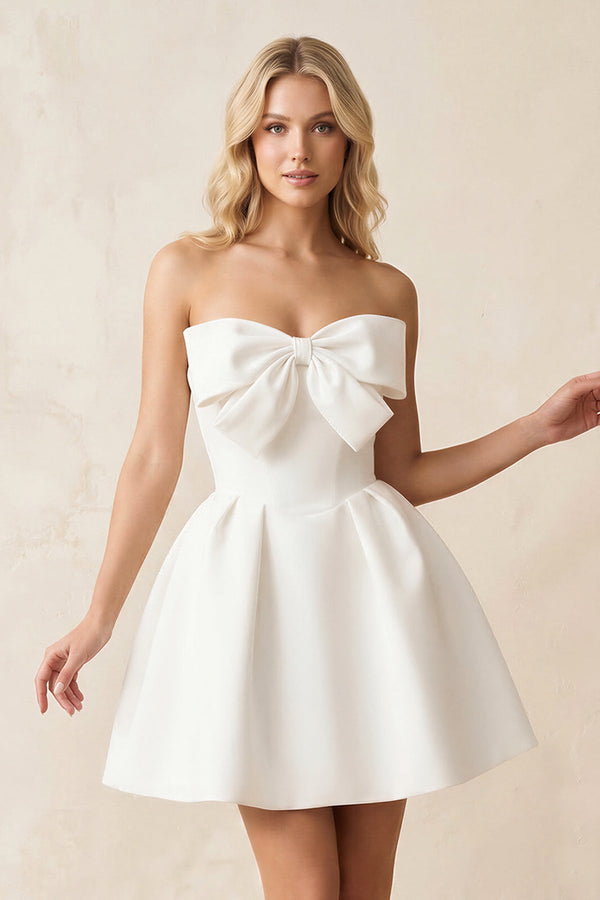 A - Line Bow Strapless Satin MIni Wedding Dress in White - SHE IS ME Wedding Dresses