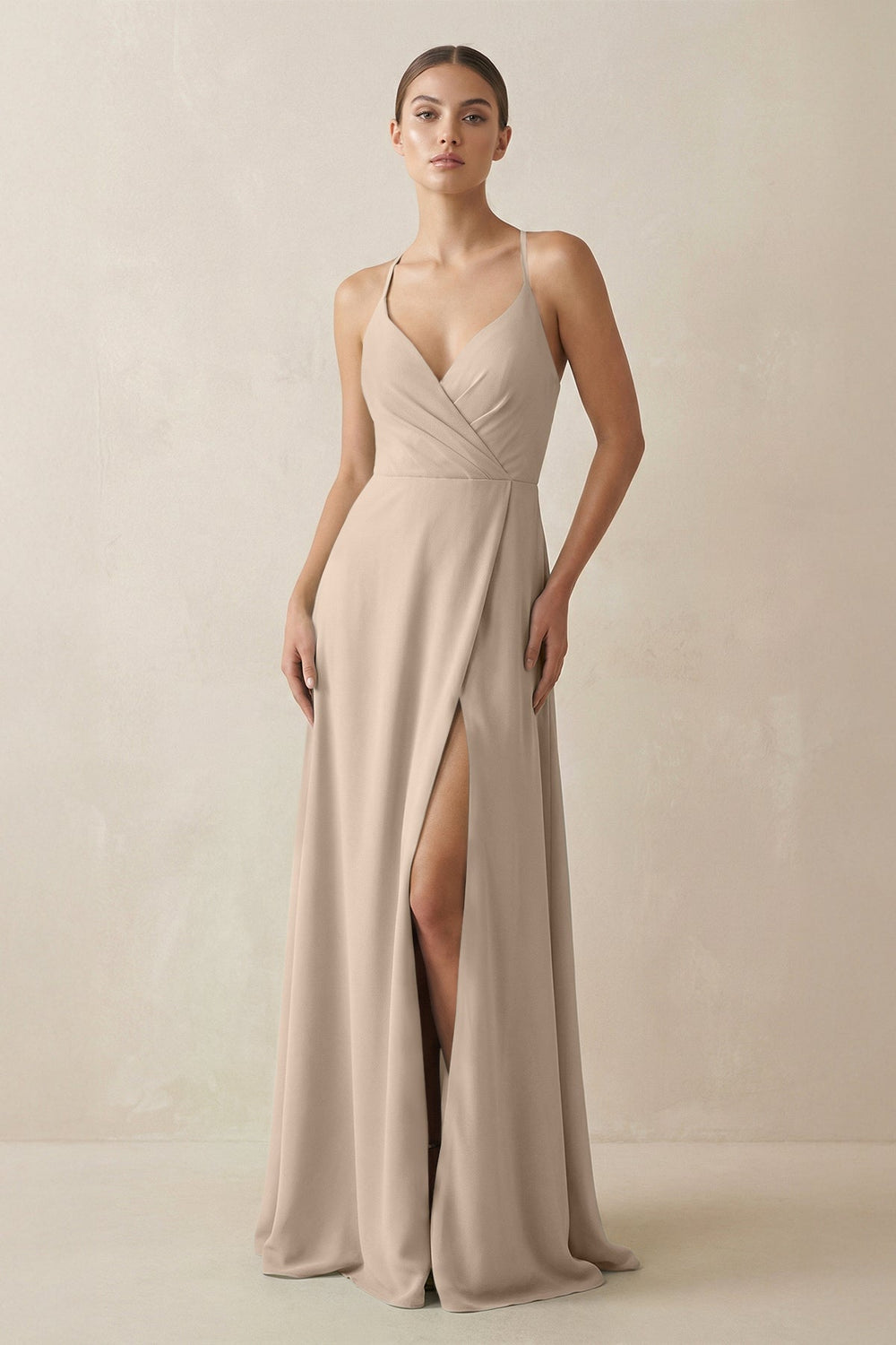 A - Line Chiffon Long Bridesmaid Dress With Slit in Almond - SHE IS ME