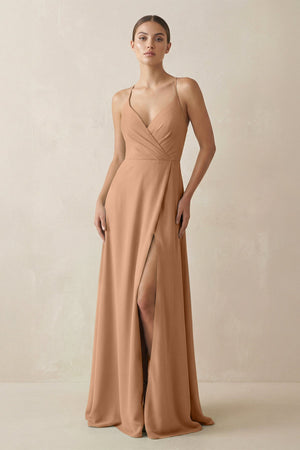 A - Line Chiffon Long Bridesmaid Dress With Slit in Bronzer - SHE IS ME