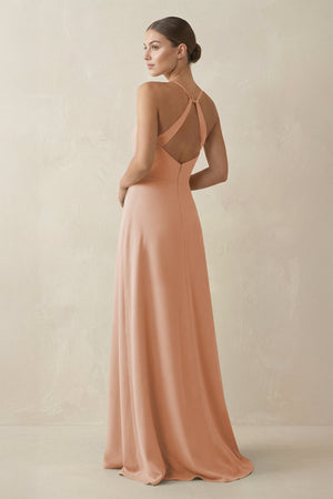 A - Line Chiffon Long Bridesmaid Dress With Slit in Champagne Rose - SHE IS ME