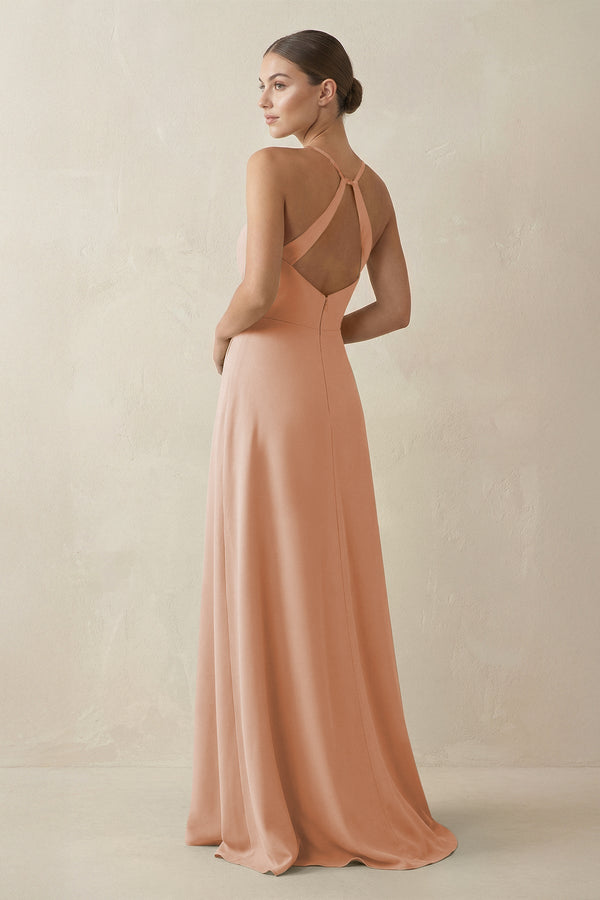 A - Line Chiffon Long Bridesmaid Dress With Slit in Champagne Rose - SHE IS ME