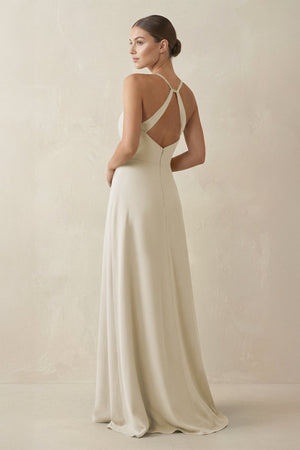 A - Line Chiffon Long Bridesmaid Dress With Slit in Dove Gray - SHE IS ME