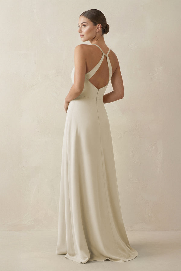 A - Line Chiffon Long Bridesmaid Dress With Slit in Dove Gray - SHE IS ME