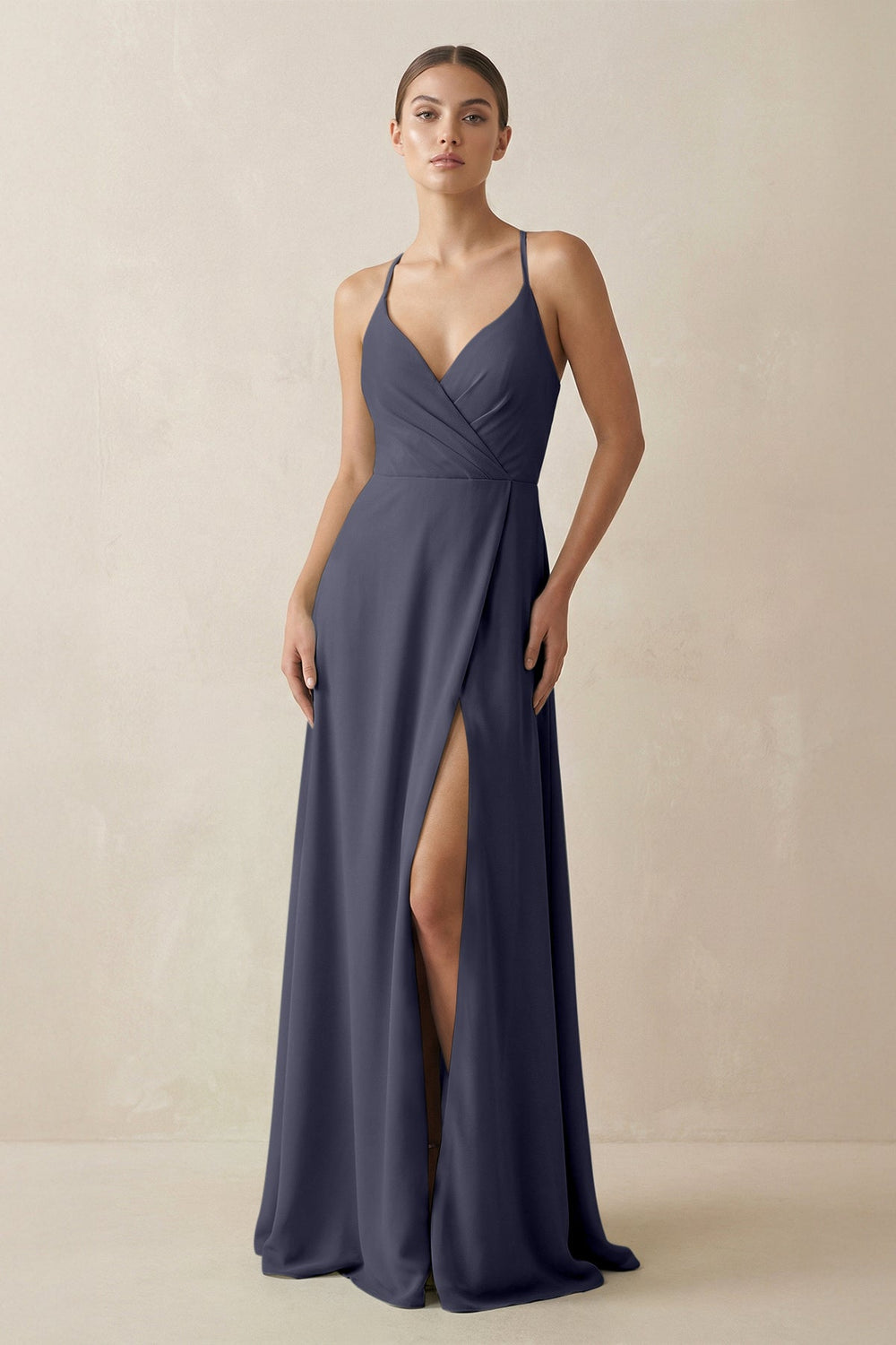 A - Line Chiffon Long Bridesmaid Dress With Slit in Dusk Blue - SHE IS ME