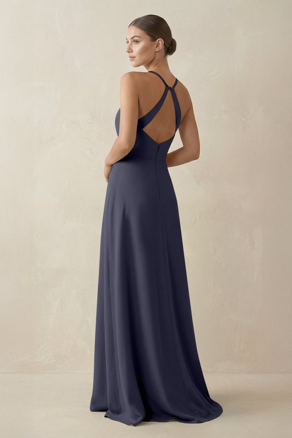 A - Line Chiffon Long Bridesmaid Dress With Slit in Dusk Blue - SHE IS ME