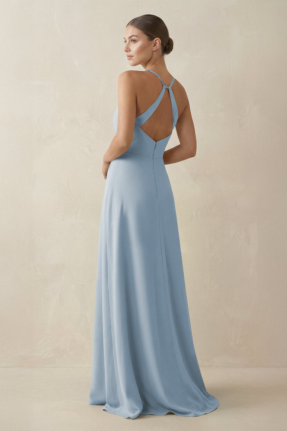 A - Line Chiffon Long Bridesmaid Dress With Slit in Dusty Blue - SHE IS ME