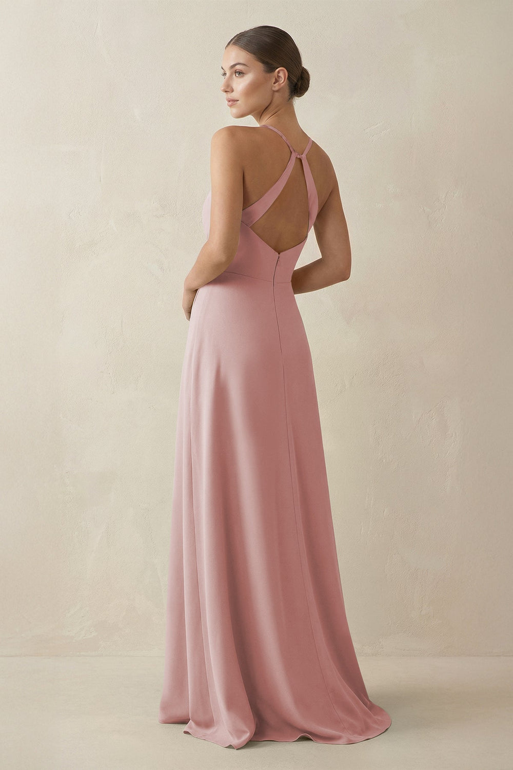 A - Line Chiffon Long Bridesmaid Dress With Slit in Dusty Rose - SHE IS ME