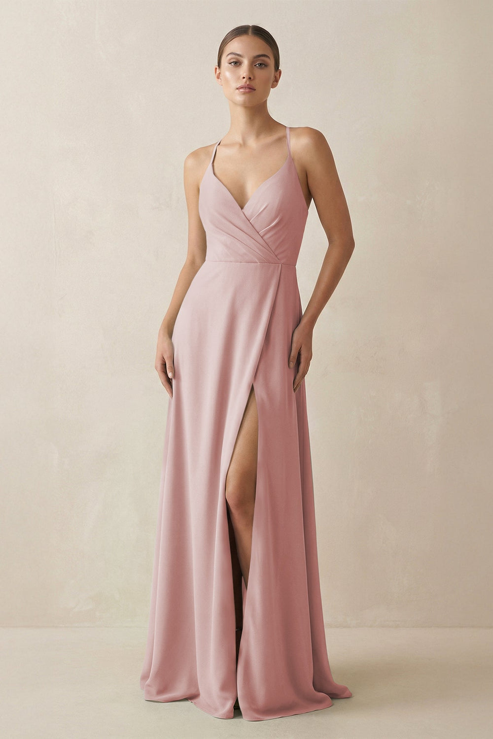 A - Line Chiffon Long Bridesmaid Dress With Slit in Dusty Rose - SHE IS ME