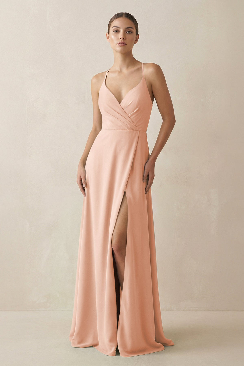 A - Line Chiffon Long Bridesmaid Dress With Slit in English Rose - SHE IS ME