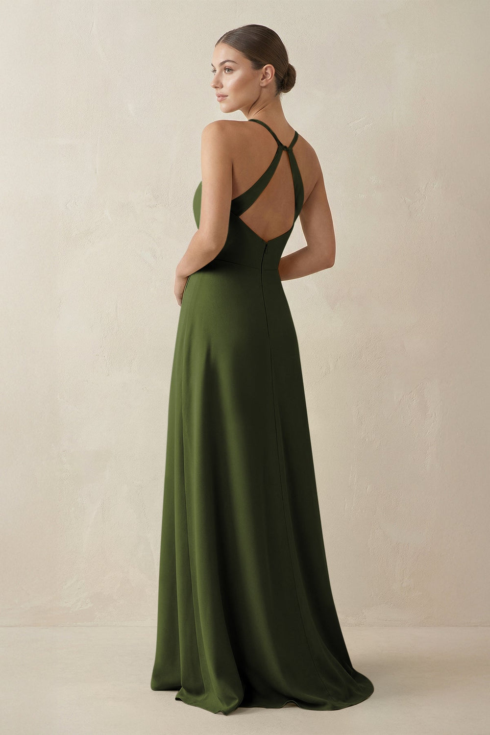 A - Line Chiffon Long Bridesmaid Dress With Slit in Olive - SHE IS ME