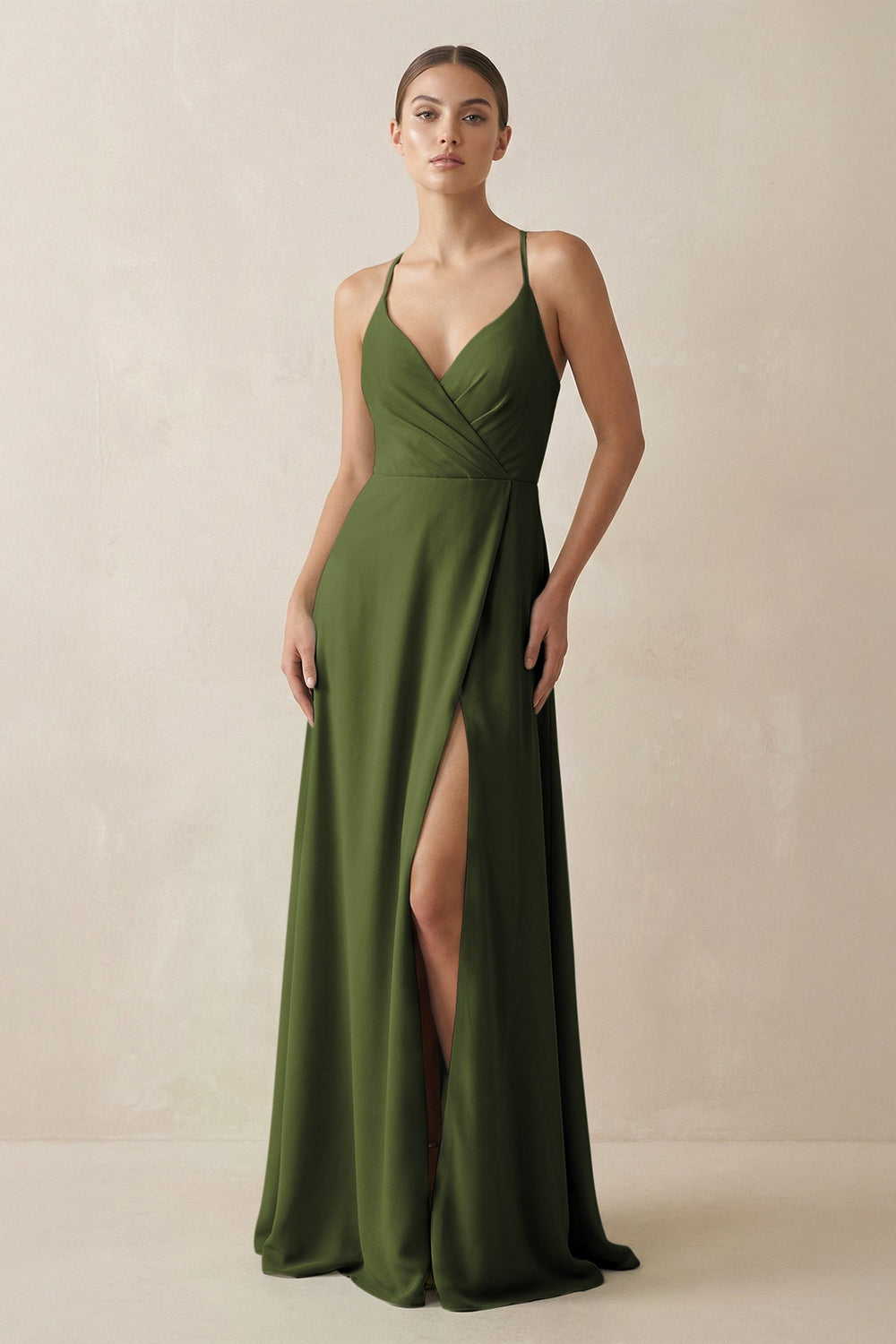 A - Line Chiffon Long Bridesmaid Dress With Slit in Olive - SHE IS ME