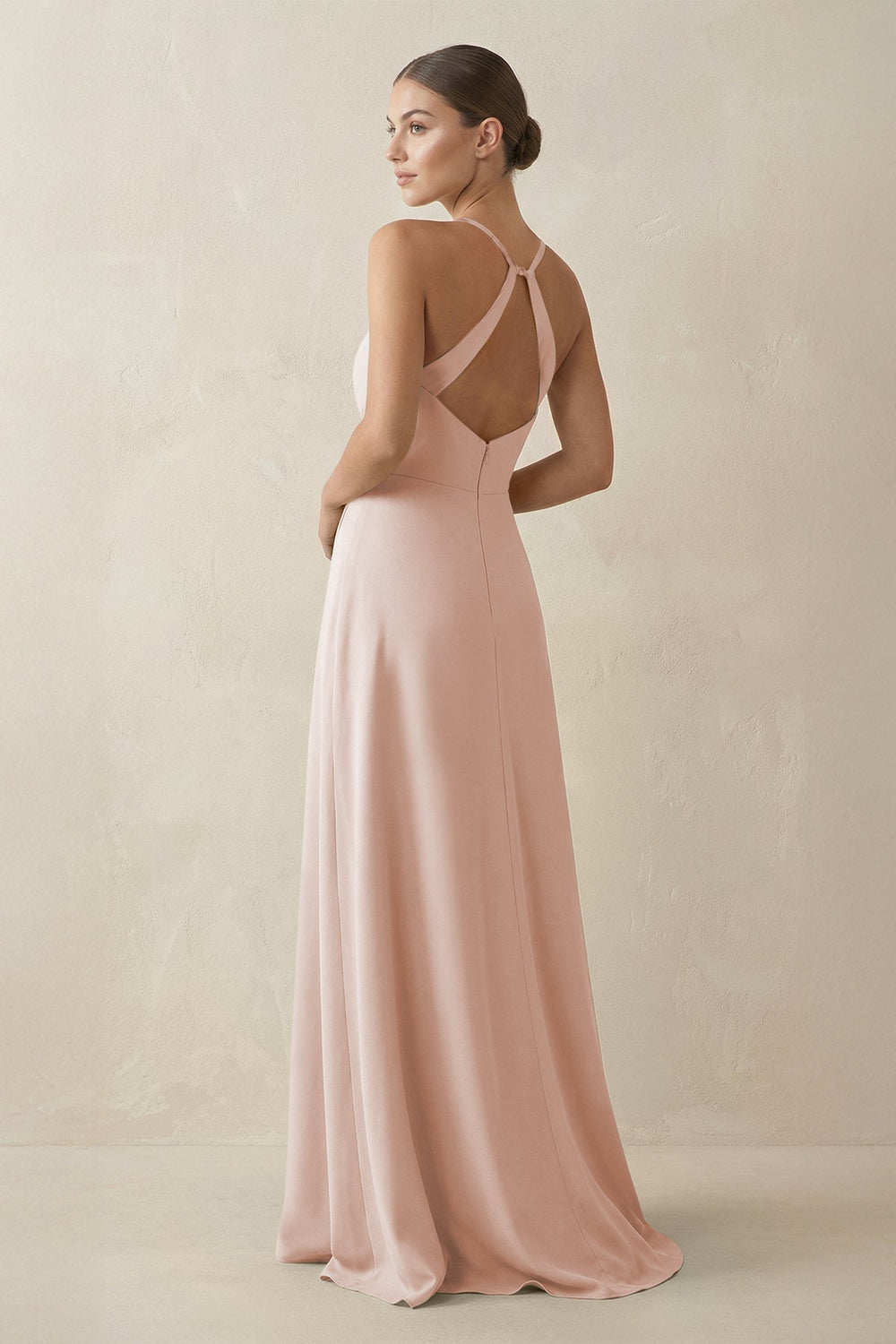A - Line Chiffon Long Bridesmaid Dress With Slit in Pale Blush - SHE IS ME