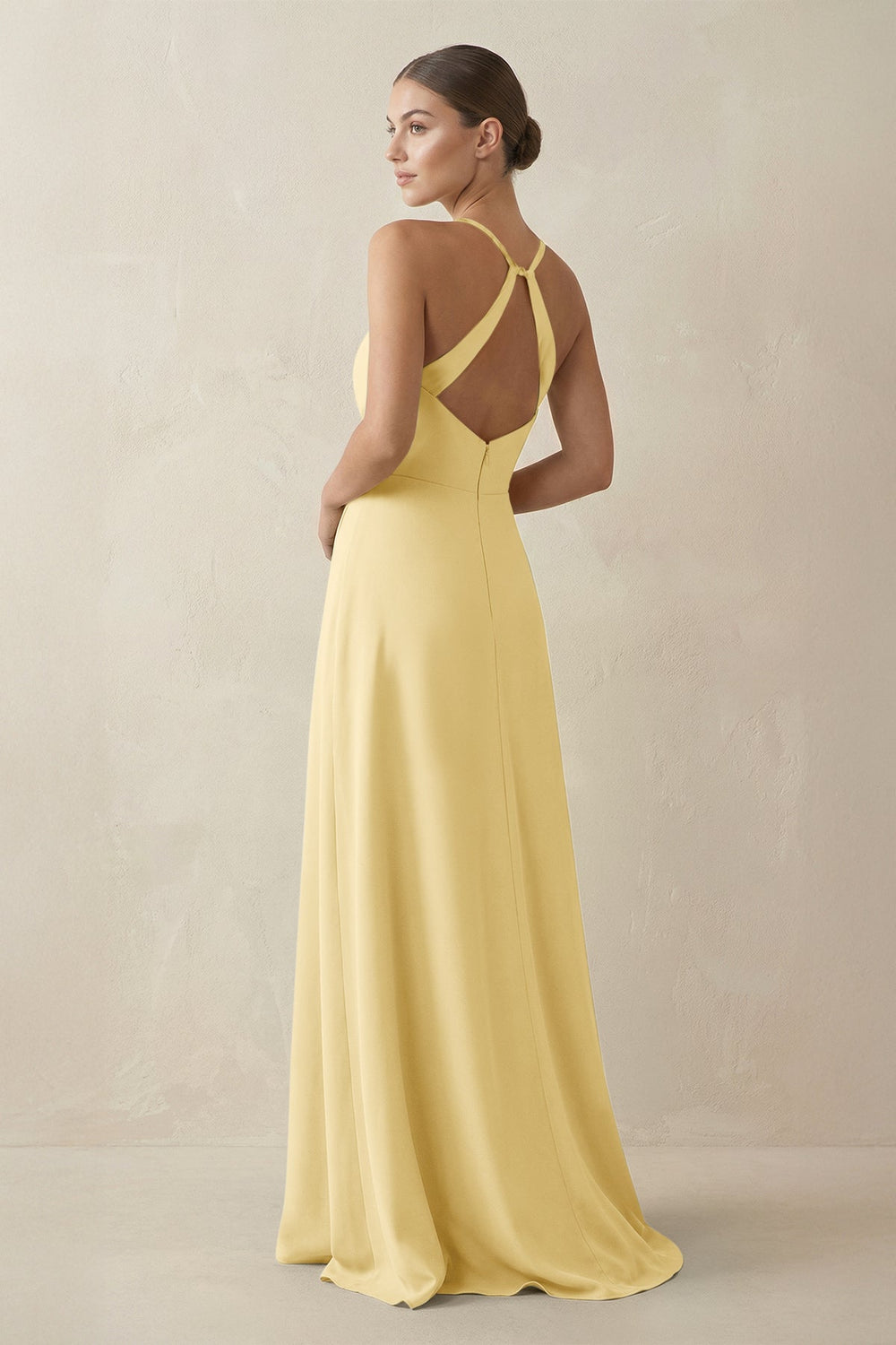 A - Line Chiffon Long Bridesmaid Dress With Slit in Pastel Yellow - SHE IS ME